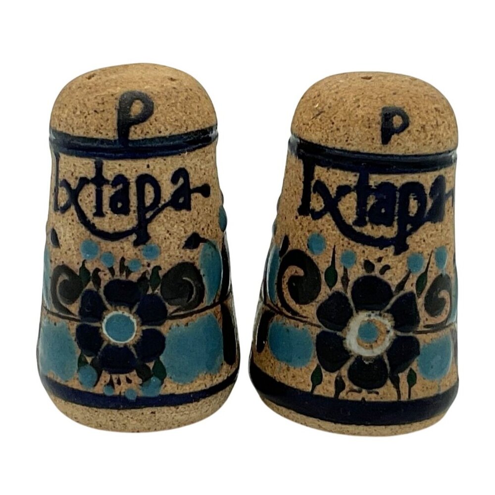 MEXICAN TONALA SALT & PEPPER SHAKERS NETZI CERAMIC BLUE PAINTED DESIGN
